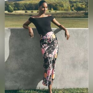 Anne Taylor Floral Satin Bias Midi Slip Skirt - Black Size L